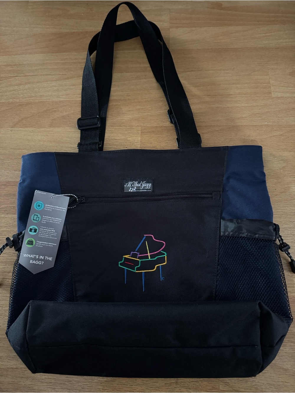 Vintage Men’s Black and Navy Tote Bag with Piano Graphic 17inx14in Brand New